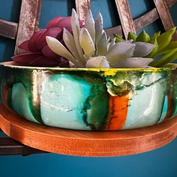 Hand-Painted Ceramic Succulent Planter with Bamboo Tray - Picture 3 of 7